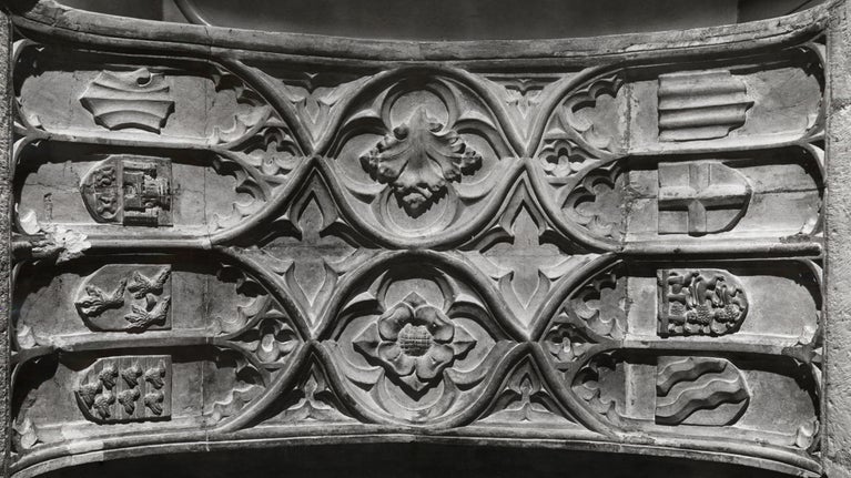 Detail of a panelled soffit of an arch in the Cellarium, the undercroft of the Prior's lodging, late twelth century, at Mottisfont, Hampshire- a rural estate which includes the Gothic remains of a thirteenth century Augustinian priory.